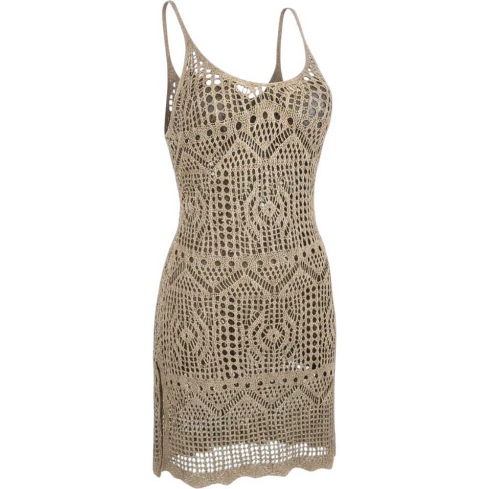 New XS Khaki Tan Beige Knit Crochet Swimsuit Cover‎ Up Mini Dress Slit Beach